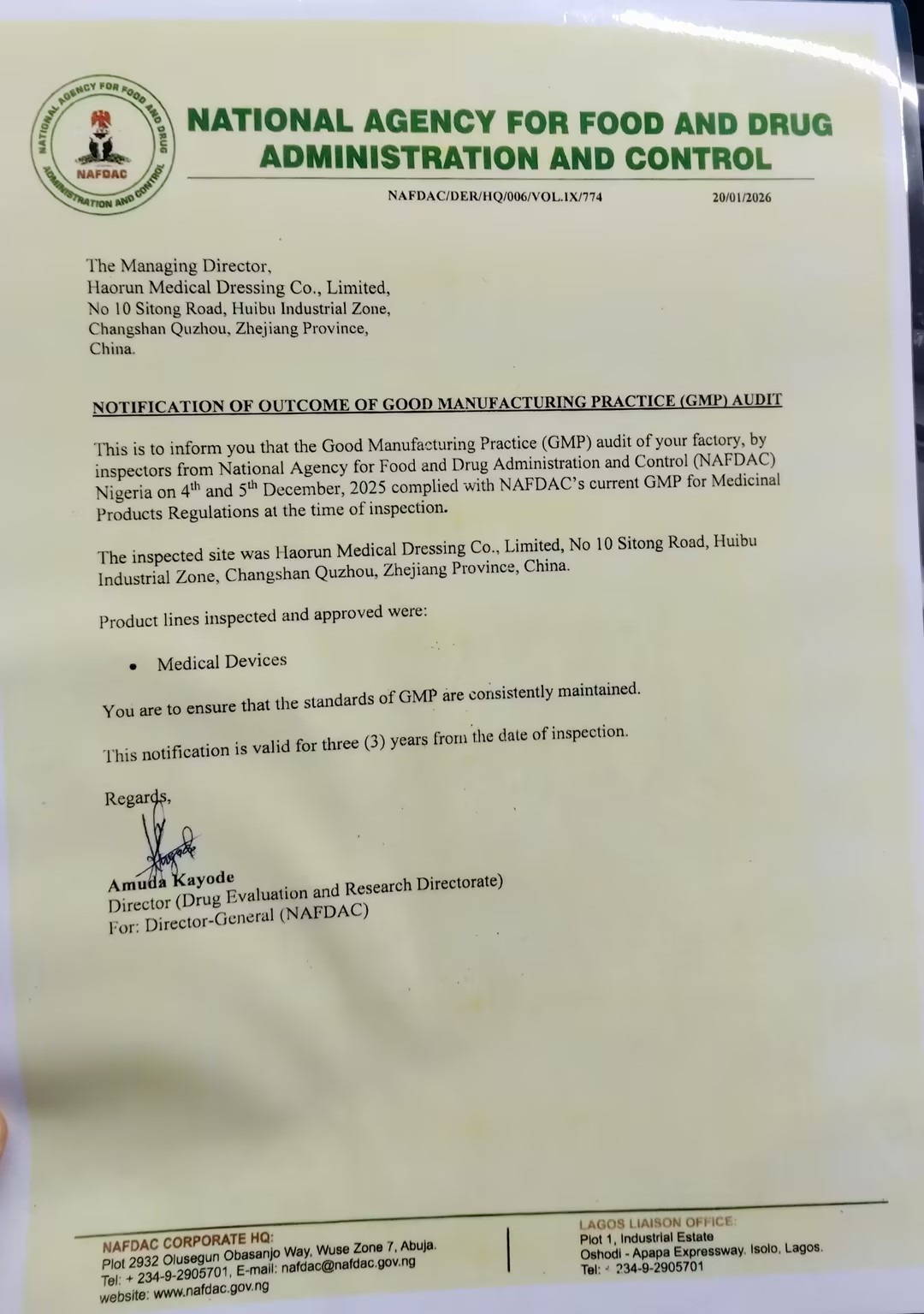 Медицинските производи Haorun официјално добиваат сертификат за регистрација на NAFDAC во Нигерија